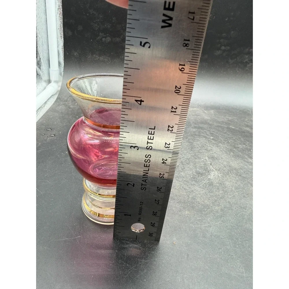 Vintage Cranberry Glass Miniature Bud Vase Gold Gilt Trim Pink Art Glass 4.25in